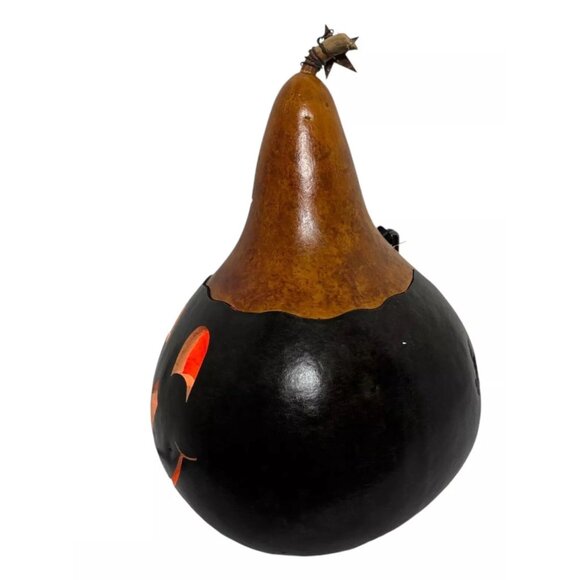 Vintage Gourd Lighted Orange & Black Pumpkin Halloween Hand Carved Folk Art Fall - Picture 5 of 13